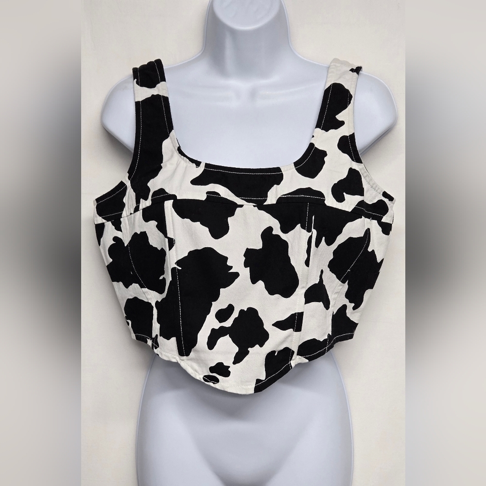 Lone Star L Crop Top 100% Cotton Cow Print Black White Sleeveless Smocked